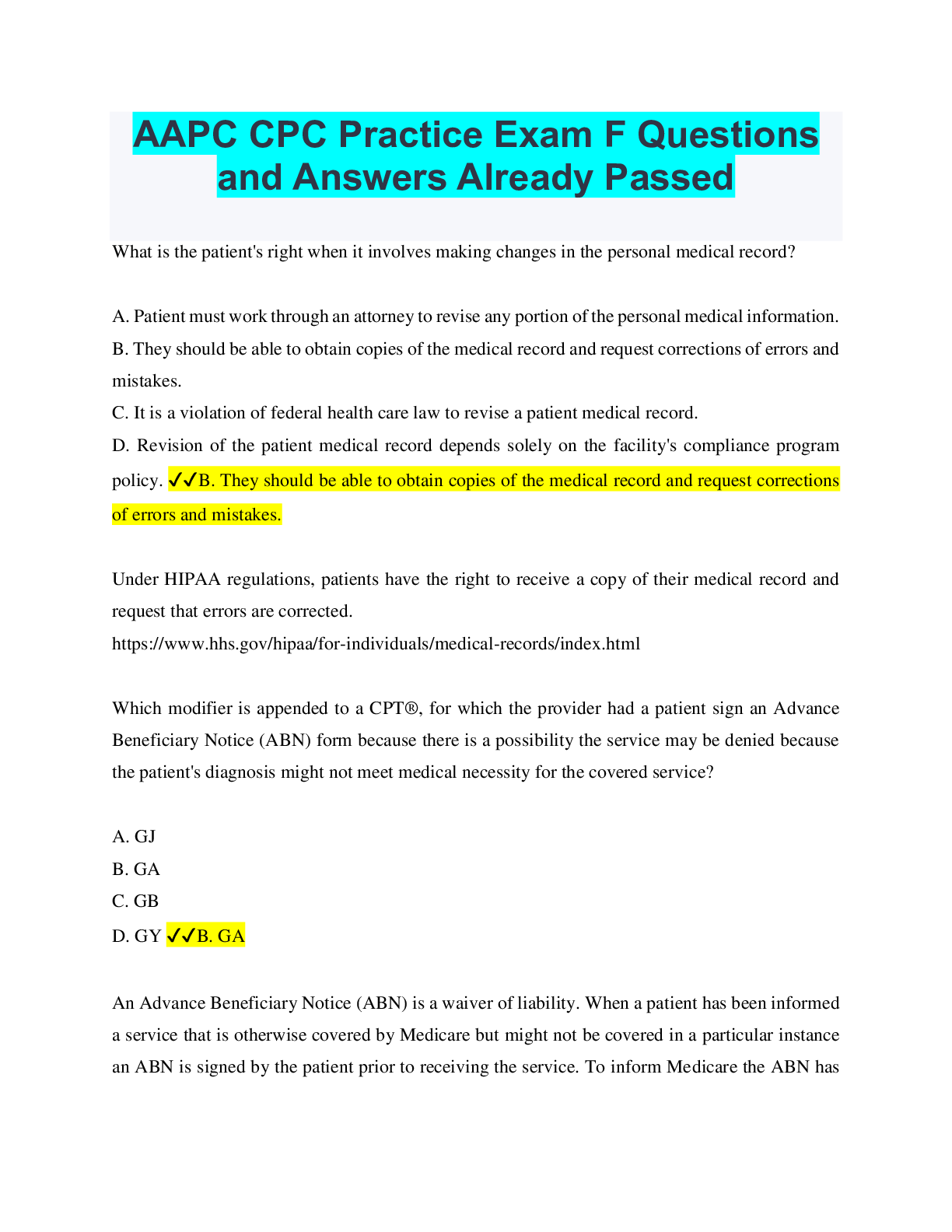 Preview of AAPC CPC Practice Exam F Questions and Answers Already Passed